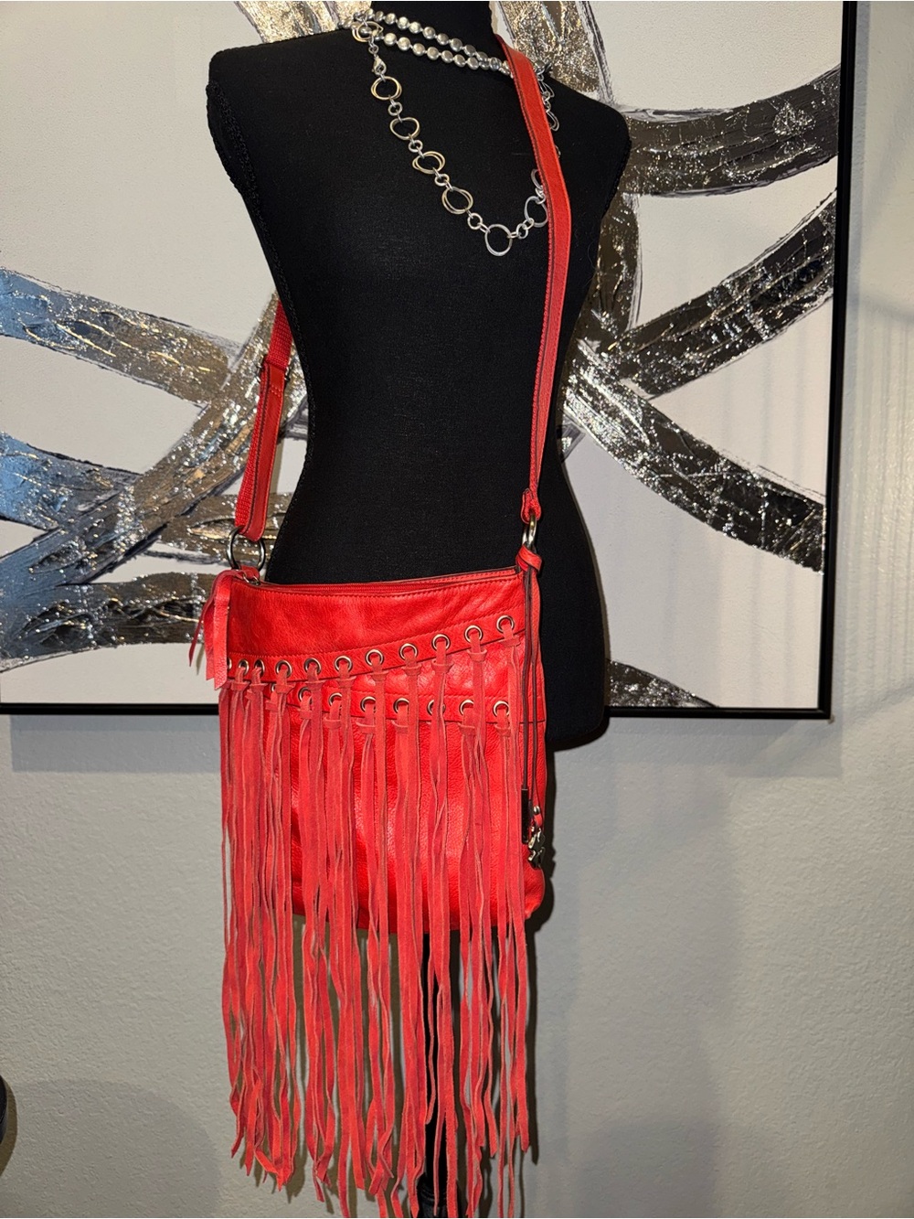 Lucky Brand Red Leather Fringe Crossbody with Grommet Detail